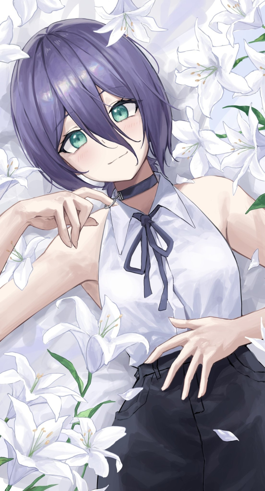 1girl bangs bare_shoulders black_choker black_pants black_ribbon chainsaw_man choker closed_mouth collared_shirt commentary flower green_eyes hair_between_eyes hand_on_own_stomach hand_up highres light_blush long_bangs looking_at_viewer lying mansu_(user_pnmp4287) neck_ribbon on_back pants purple_hair reze_(chainsaw_man) ribbon shirt shirt_tucked_in short_hair sleeveless sleeveless_shirt smile solo white_flower white_shirt