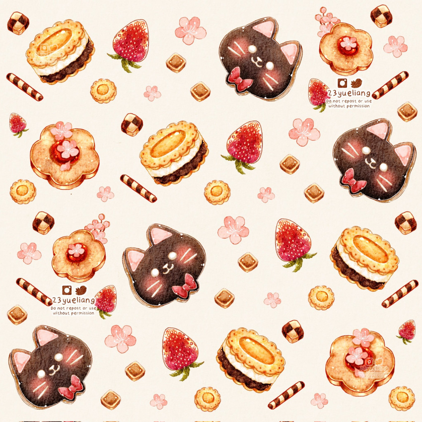 23yueliang cake cat chocolate food fruit highres no_humans original strawberry