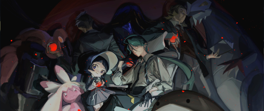 2boys 3girls absurdres bangs baxcalibur black_hair blunt_bangs clodsire closed_mouth collared_shirt commentary flamigo geeta_(pokemon) gloves green_hair hassel_(pokemon) highres holding holding_poke_ball jacket larry_(pokemon) long_hair multiple_boys multiple_girls necktie pants poke_ball poke_ball_(basic) pokemon pokemon_(creature) pokemon_(game) pokemon_sv ponytail poppy_(pokemon) rika_(pokemon) shirt sin_node suspenders tinkaton vest