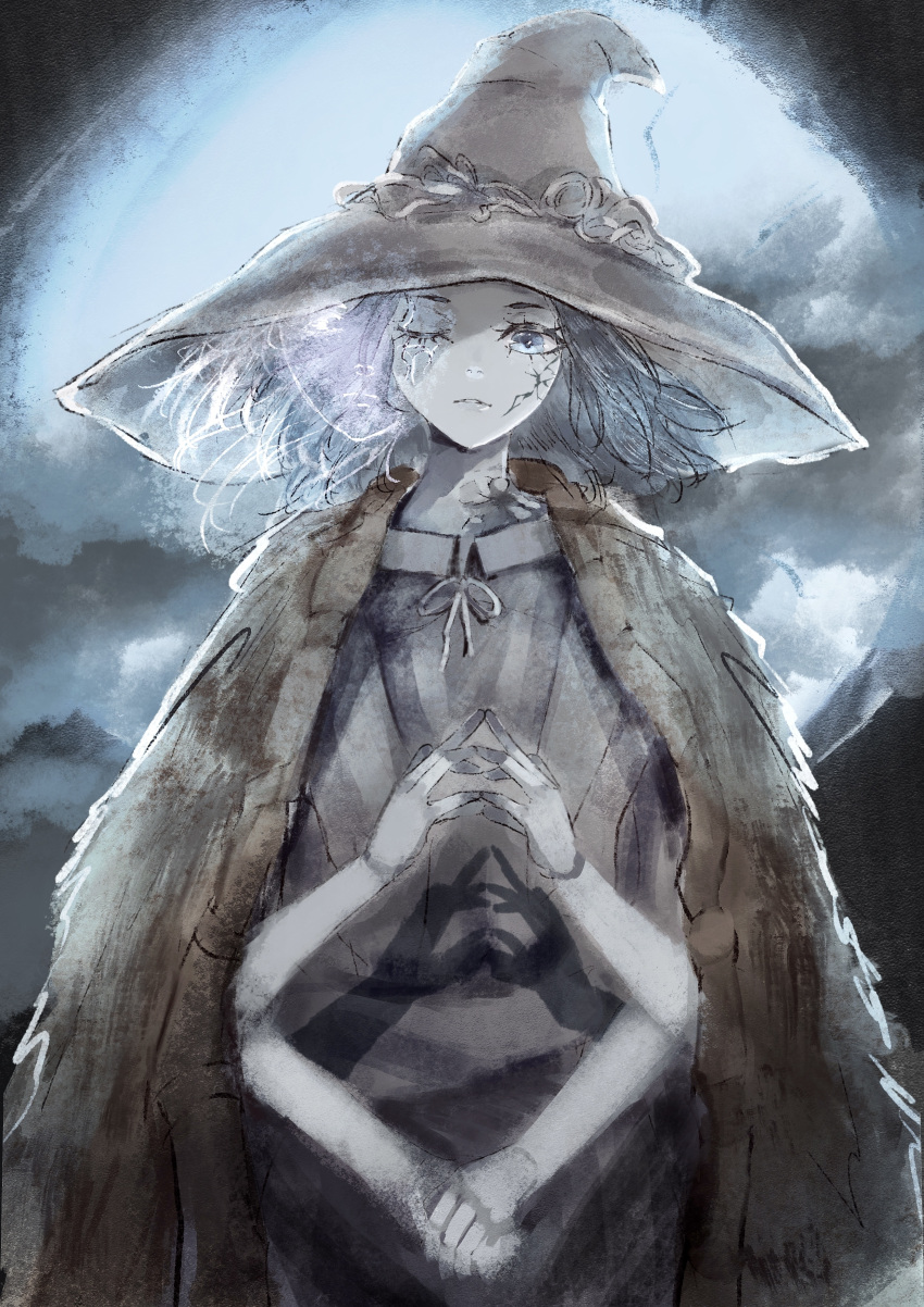 1girl absurdres blue_eyes blue_hair cape cracked_skin doll_joints elden_ring extra_arms extra_faces fur_cape hat hazuki_kono highres joints large_hat looking_at_viewer one_eye_closed ranni_the_witch solo witch_hat