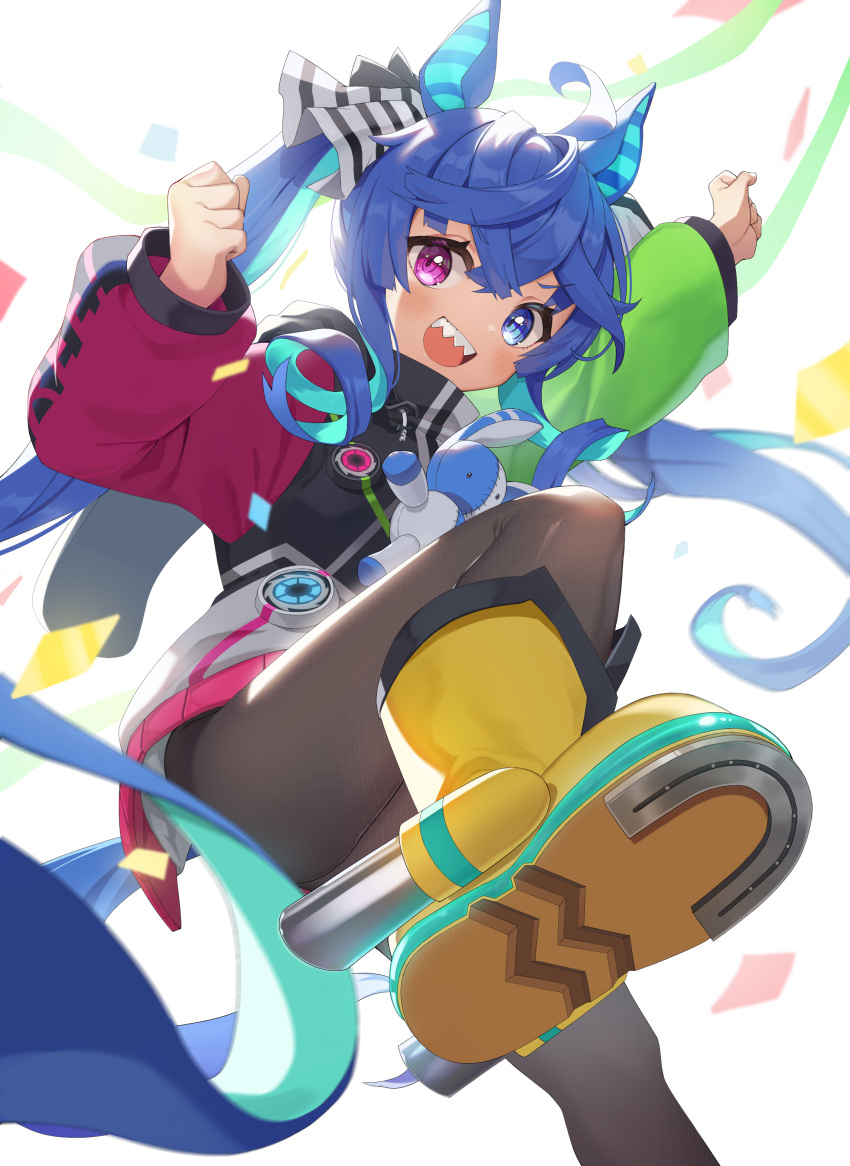 1girl absurdres ahoge animal_ears aqua_hair bangs black_bodysuit blue_eyes blue_hair bodysuit boots clenched_hands confetti foreshortening from_below hair_ribbon heterochromia highres hood hood_down hooded_coat horse_ears horse_girl horse_tail jumping leg_up long_hair long_sleeves looking_at_viewer mearyo multicolored_coat multicolored_hair open_mouth raised_fist ribbon sharp_teeth sidelocks smile solo stuffed_animal stuffed_bunny stuffed_toy tail teeth twin_turbo_(umamusume) twintails two-tone_hair umamusume violet_eyes white_background white_ribbon yellow_footwear