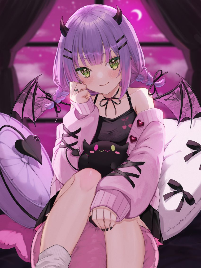 1girl :3 absurdres bangs bare_shoulders bibi_(tokoyami_towa) black_camisole black_nails black_ribbon black_skirt blush braid buttons camisole cardigan choker closed_mouth collarbone commentary_request creature crescent_moon cross-laced_sleeves curtains demon_girl demon_horns demon_tail demon_wings earrings gradient_hair green_eyes hair_ornament hair_ribbon hairclip hand_on_own_leg hand_up heart_button highres hololive hoop_earrings horns indoors jewelry long_sleeves looking_at_viewer low_twin_braids low_twintails moon multicolored_hair nail_polish off_shoulder open_cardigan open_clothes piercing pillow pink_cardigan pink_hair pointy_ears purple_hair ribbon ribbon_choker ring runlan_0329 shiny shiny_hair sidelocks sitting skirt sleeves_past_wrists smile solo tail tail_ornament tail_piercing tokoyami_towa twin_braids twintails virtual_youtuber window wings
