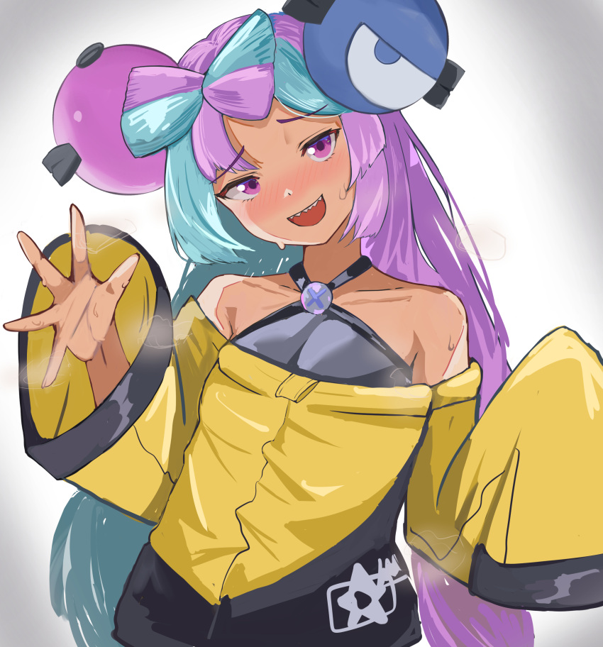 1girl absurdres aqua_hair bow-shaped_hair character_hair_ornament hair_ornament highres iono_(pokemon) jacket long_hair low-tied_long_hair multicolored_hair oversized_clothes pink_eyes pink_hair pokemon pokemon_(game) pokemon_sv sharp_teeth sleeves_past_fingers sleeves_past_wrists solo teeth twintails two-tone_hair very_long_hair x yellow_jacket youyoukai