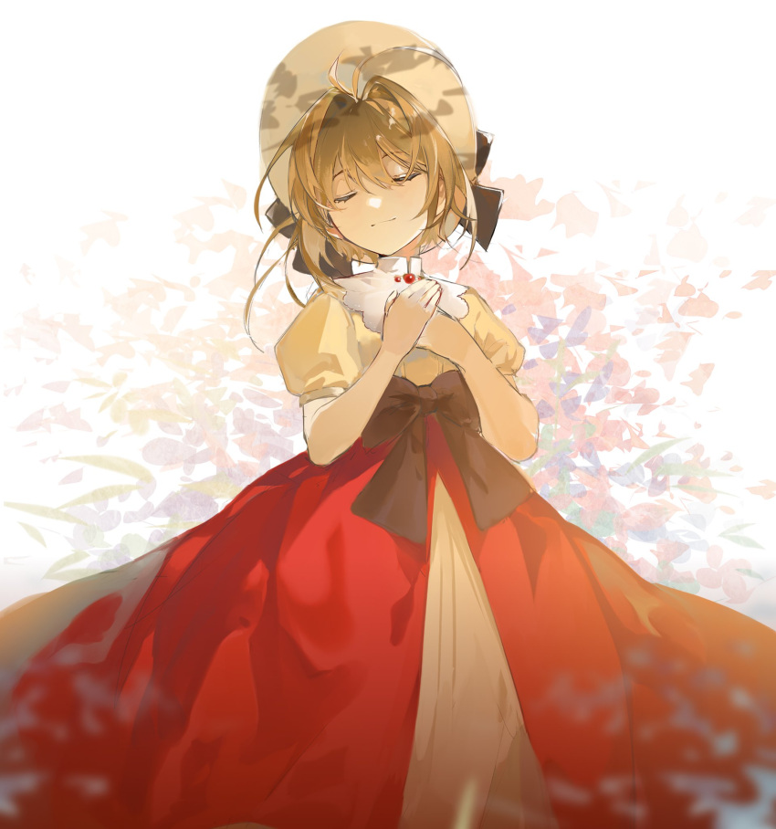 1girl antenna_hair black_bow bow brown_hair cardcaptor_sakura closed_eyes collar dress dress_bow hair_between_eyes hands_on_own_chest hat hat_bow highres kinomoto_sakura lydiaaa own_hands_together puffy_short_sleeves puffy_sleeves red_skirt short_hair short_sleeves skirt smile solo upper_body white_collar white_headwear yellow_dress