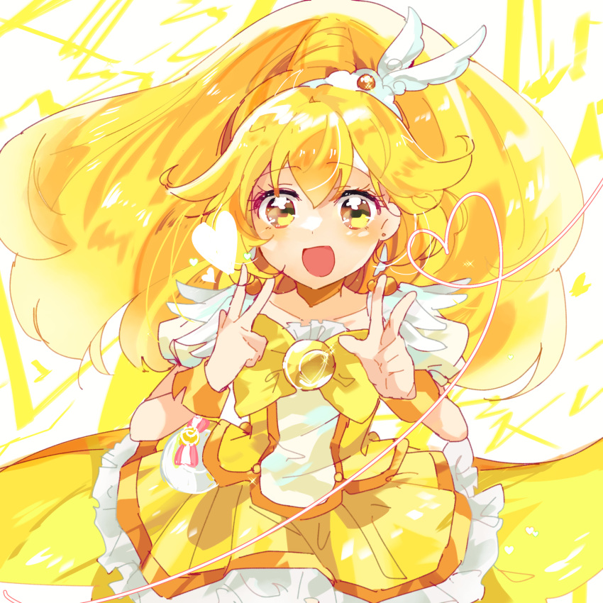 1girl blonde_hair blush bow cure_peace double_v earrings hair_flaps heart highres jewelry kise_yayoi kotoha magical_girl open_mouth precure smile smile_precure! solo v wide_ponytail yellow_bow yellow_eyes yellow_theme
