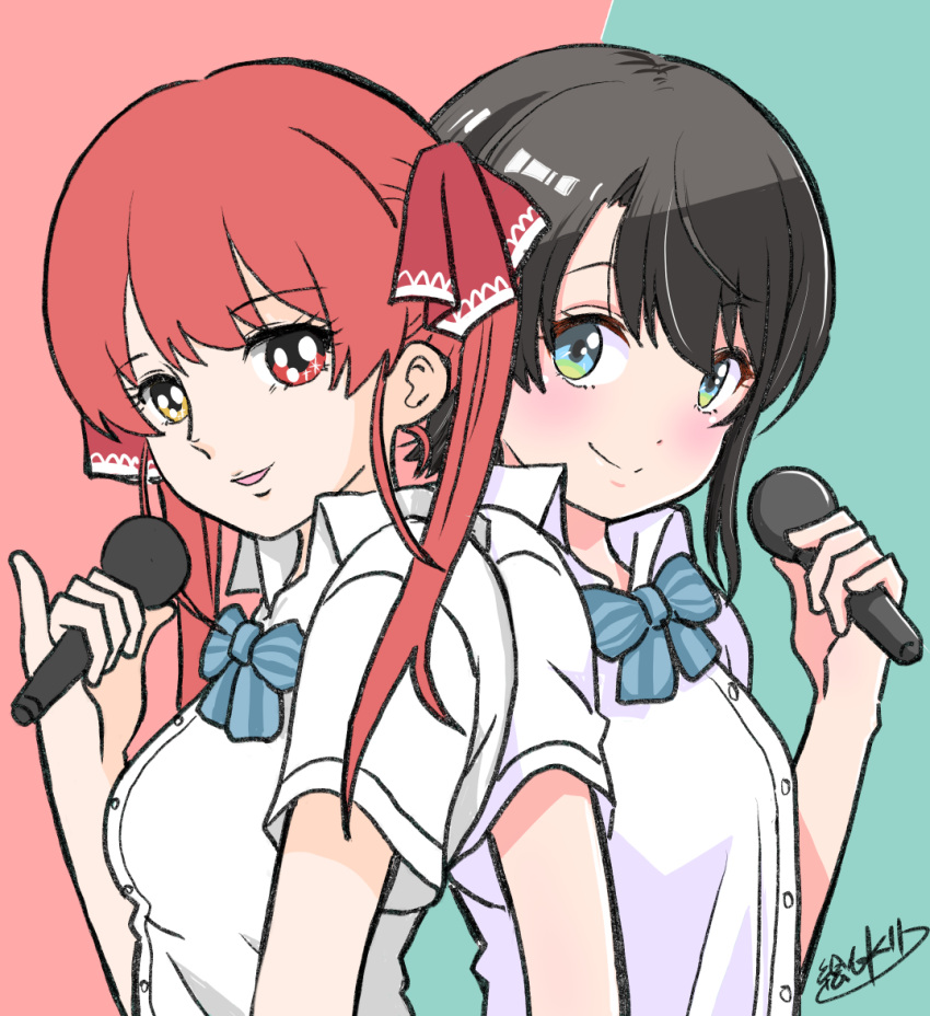 1980s_(style) 2girls black_hair blue_eyes bow bowtie breasts commentary_request egokorokid heterochromia holding holding_microphone hololive houshou_marine medium_breasts microphone multicolored_eyes multiple_girls oozora_subaru open_mouth red_eyes redhead retro_artstyle school_uniform short_hair signature smile sparkling_eyes striped striped_bow striped_bowtie twintails virtual_youtuber yellow_eyes