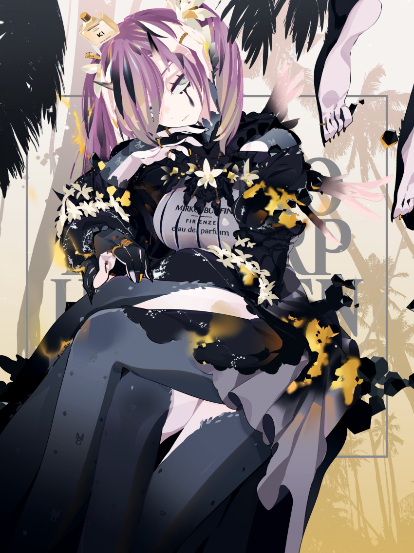 1girl black_dress closed_mouth dress extra_legs fingernails grey_eyes grey_thighhighs head_tilt highres jewelry kuroi_moyamoya looking_at_viewer monster_girl original purple_hair ring sitting solo thigh-highs twintails