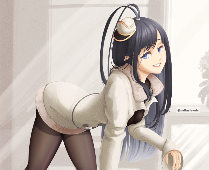 1girl absurdres ahoge black_hair bleach bleach:_the_thousand-year_blood_war blue_eyes breasts brown_pantyhose eyelashes giselle_gewelle hair_over_shoulder hat highres long_hair looking_at_viewer military_hat nellyslewds pantyhose smile smirk solo teeth thighs