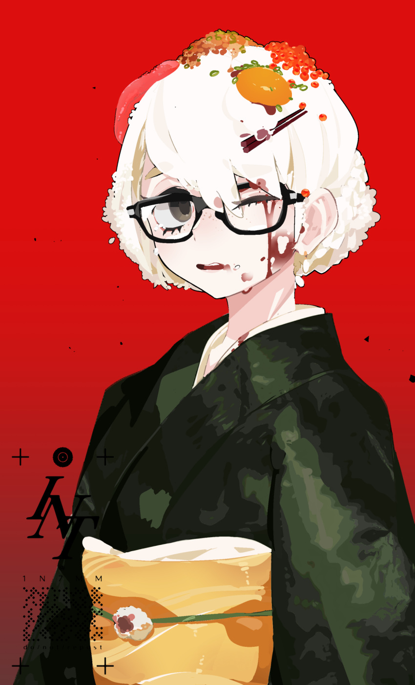 1girl black-framed_eyewear black_eyes chopsticks food food_on_hair food_on_head freckles glasses green_kimono hair_bun highres japanese_clothes kimono kuroi_moyamoya looking_at_viewer obi object_on_head one_eye_closed original parted_lips red_background sash short_hair simple_background single_hair_bun solo tamagokake_gohan white_hair yellow_sash