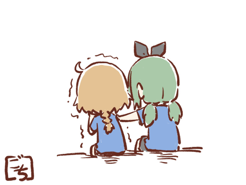 2022_fifa_world_cup 2girls ahoge artist_name assault_lily bed_sheet black_bow black_shorts blue_shirt bow braid braided_ponytail brown_shirt chibi comforting facing_away from_behind futagawa_fumi gochisousama_(tanin050) green_hair hair_bow hand_on_another's_shoulder hand_up long_hair low_ponytail low_twintails multiple_girls orange_hair outstretched_arm shirt short_sleeves shorts simple_background single_braid sitting trembling twintails white_background world_cup yamanashi_hibari