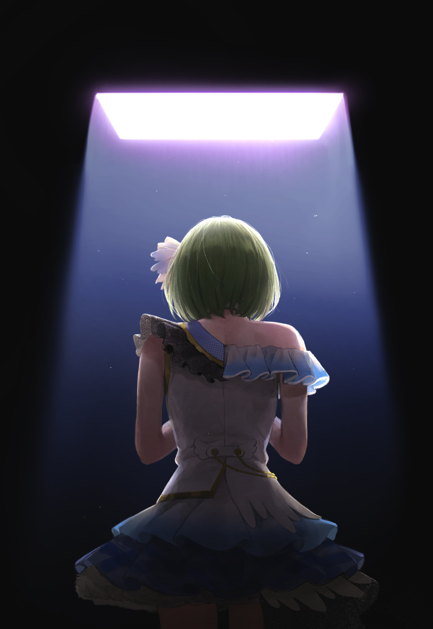1girl absurdres artist_request commentary_request dark_background dress from_behind green_hair hair_ribbon highres idolmaster idolmaster_shiny_colors layered_dress nanakusa_nichika ribbon short_hair single_bare_shoulder solo stage_lights two-tone_dress white_dress