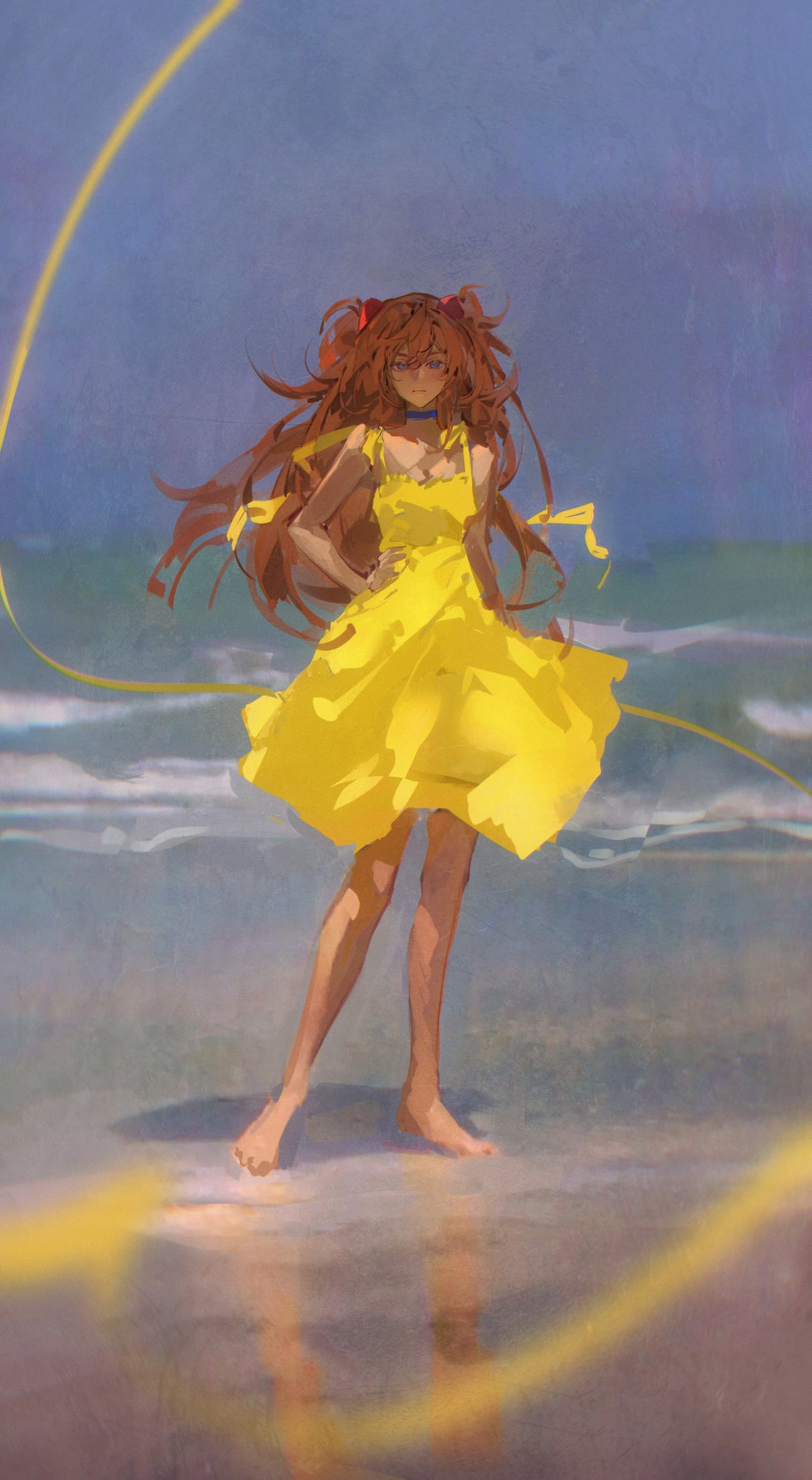 1girl absurdres arm_at_side bangs barefoot beach blue_choker blue_eyes blue_sky blurry chinese_commentary choker clear_sky commentary_request day depth_of_field dress floating_hair full_body hair_between_eyes hand_on_hip highres horizon huibuxing interface_headset long_hair looking_at_viewer neon_genesis_evangelion ocean orange_hair outdoors painterly ribbon sky sleeveless sleeveless_dress solo souryuu_asuka_langley standing sundress two_side_up water wind yellow_dress yellow_ribbon