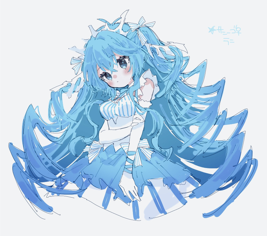 1girl arm_ribbon blue_bow blue_eyes blue_hair blue_ribbon blush bow bowtie character_request check_copyright closed_mouth copyright_request crown dress elbow_gloves gloves hair_bow hibi89 highres long_hair pokemon ribbon simple_background sleeveless sleeveless_dress solo striped striped_bow two_side_up upper_body very_long_hair white_background white_gloves
