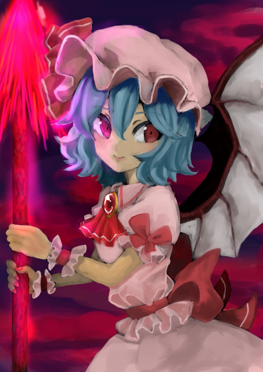 1girl ascot back_bow bat_wings blue_hair bow breasts brooch closed_mouth collared_shirt cowboy_shot frilled_sleeves frills from_side glowing glowing_weapon hair_between_eyes hat highres holding holding_polearm holding_weapon jewelry looking_at_viewer medium_hair mob_cap one-hour_drawing_challenge petarikooo pink_headwear pink_shirt pink_skirt polearm puffy_short_sleeves puffy_sleeves red_ascot red_background red_bow red_brooch red_eyes remilia_scarlet shirt short_sleeves simple_background skirt small_breasts smile solo spear_the_gungnir touhou weapon wings wrist_cuffs