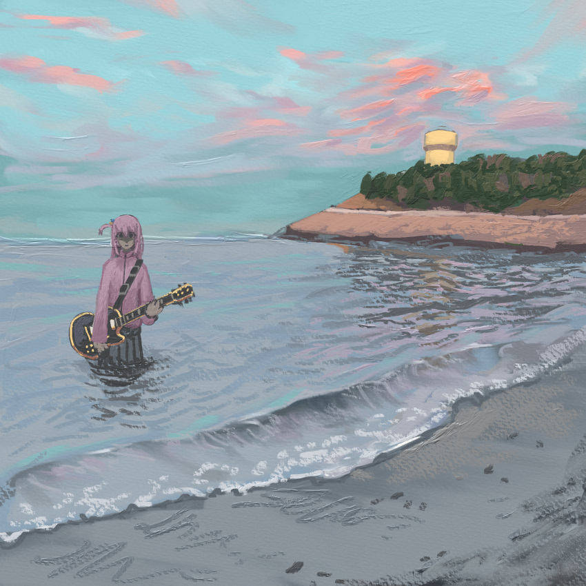 1girl beach black_skirt bocchi_the_rock! gooseygang gotou_hitori guitar highres holding holding_instrument horizon instrument jacket long_hair long_sleeves looking_at_viewer ocean one_side_up outdoors painting_(medium) pink_hair pink_jacket shaded_face skirt solo sunset traditional_media wading water