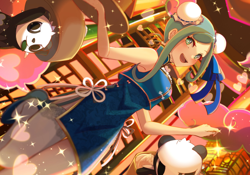 1girl :d alternate_costume bare_arms blue_dress blue_footwear blush bun_cover china_dress chinese_clothes dress eyelashes green_eyes green_hair hands_up heart highres holding holding_tray lisia_(pokemon) open_mouth pancham pokemon pokemon_(creature) pokemon_(game) pokemon_oras shoes sidelocks sleeveless sleeveless_dress smile sparkle ssn_(sasa8u9r) teeth thigh-highs tongue tray upper_teeth white_thighhighs