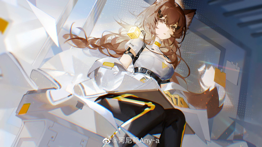 1girl absurdres aniao_ya animal_ears black_pants breasts brown_eyes brown_hair commentary_request cube girls'_frontline_neural_cloud girls_frontline gloves hair_ornament highres jewelry labcoat large_breasts looking_at_viewer necklace off_shoulder pants paper shirt sitting solo turing_(girls'_frontline_nc) weibo_username white_shirt yellow_gloves