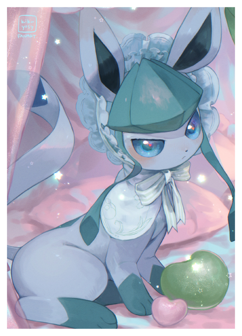 blue_eyes border bow bowtie closed_mouth commentary_request frills glaceon heart heart_in_eye highres hood hood_up kikuyoshi_(tracco) no_humans pillow pokemon pokemon_(creature) signature sitting solo star_(symbol) symbol_in_eye white_border