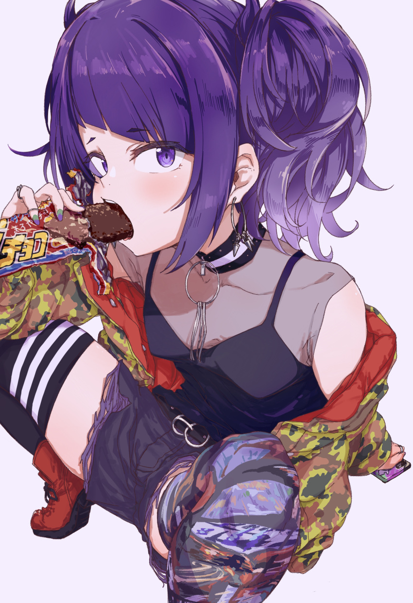 1girl absurdres asymmetrical_legwear bangs camouflage camouflage_jacket commentary_request diagonal_bangs earrings eating highres hoop_earrings idolmaster idolmaster_shiny_colors jacket jewelry looking_at_viewer mismatched_legwear nail_polish official_art purple_hair short_twintails shuiro_(frog-16) snack solo tanaka_mamimi twintails violet_eyes