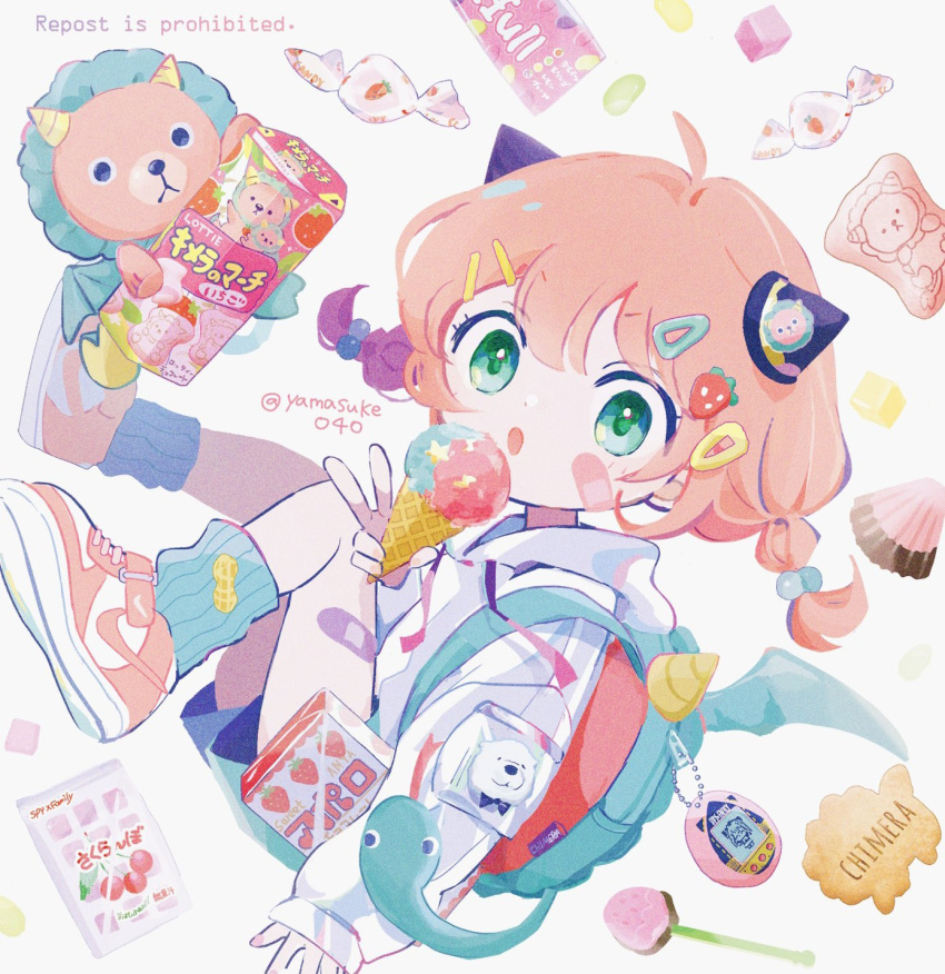 1girl ahoge anya_(spy_x_family) bandaged_leg bandages bangs candy candy_wrapper child cookie cracker female_child food gelatin green_eyes hair_ornament hairpin highres hood hoodie ice_cream ice_cream_cone looking_at_viewer open_mouth pink_hair shoes short_twintails socks solo spy_x_family stuffed_animal stuffed_toy tamagotchi twintails v yamasuke040
