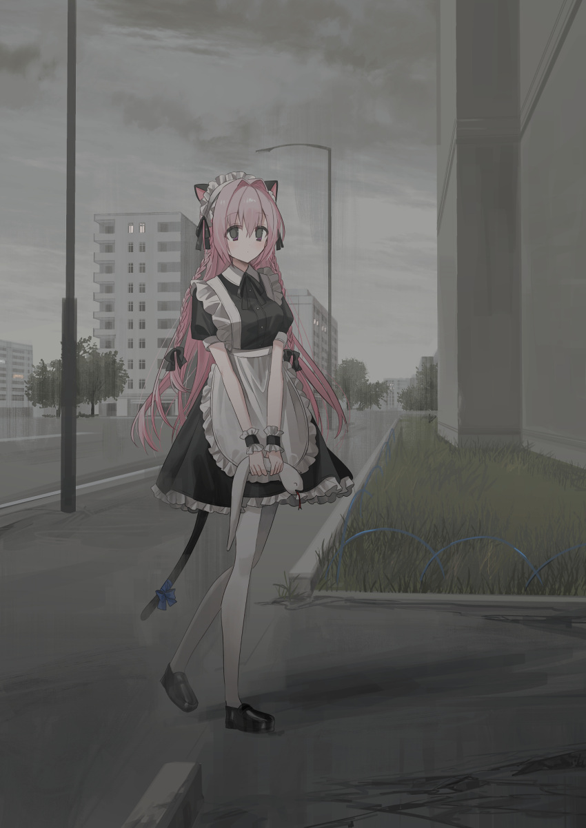 1girl alternate_costume animal_ears apron bangs black_bow black_dress black_footwear blue_bow bow braid breasts building cat_ears cat_girl cat_tail chihuri closed_mouth dress enmaided frilled_apron frilled_dress frills hair_between_eyes hair_bow highres holding lamppost long_hair looking_away maid maid_headdress medium_breasts nea_(chihuri) original outdoors overcast pantyhose pink_hair puffy_short_sleeves puffy_sleeves shoes short_sleeves solo tail tail_bow tail_ornament twin_braids very_long_hair violet_eyes walking white_apron white_pantyhose window