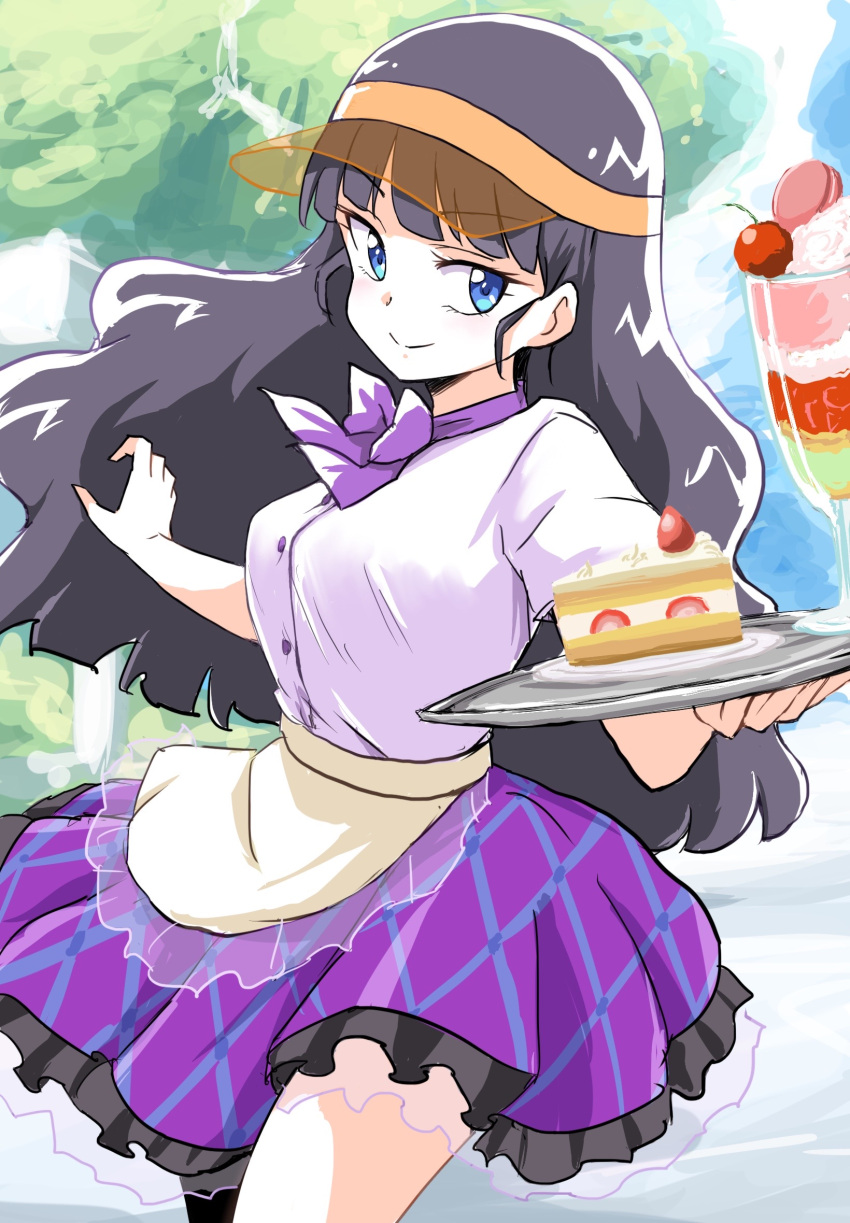 1girl apron bangs black_hair blue_eyes blunt_bangs bow commentary delicious_party_precure food frills highres kasai_amane long_hair precure purple_bow purple_skirt short_sleeves skirt smile solo strawberry_shortcake uraki