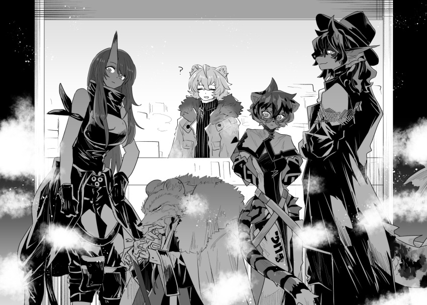 animal_ears arknights bangs bare_shoulders bear_boy bear_ears breasts coat fedora fur_trim furry furry_female furry_male glasses gloves hat head_fins holding horns hoshiguma_(arknights) iwashi_80 jacket jaye_(arknights) large_breasts lee_(arknights) long_hair long_sleeves looking_at_viewer mask monochrome mouth_mask multicolored_fur multicolored_hair oni_horns open_clothes rat_king_(arknights) round_eyewear short_hair single_horn sleeveless striped_fur sunglasses tail tiger_ears tiger_girl tiger_tail tinted_eyewear waai_fu_(arknights)