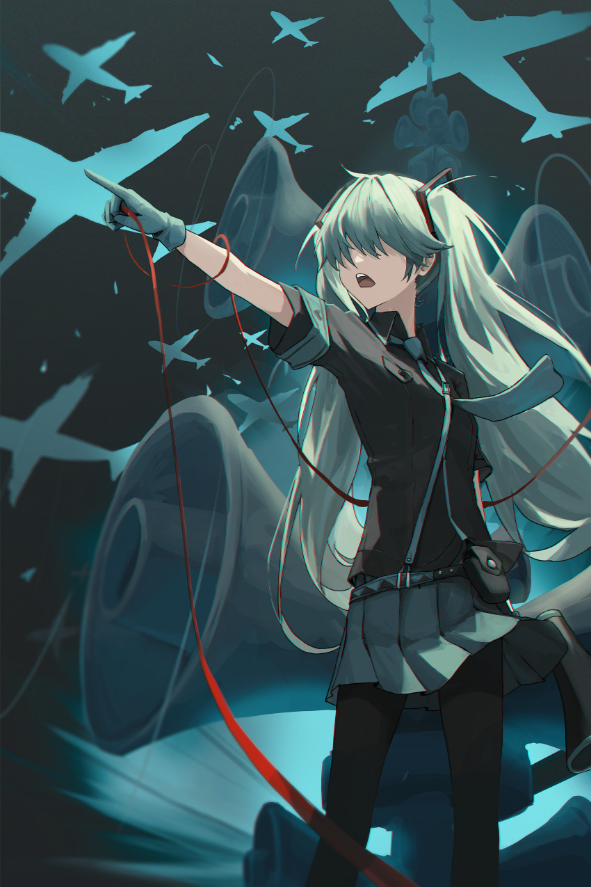 1girl absurdres aircraft airplane aqua_belt aqua_gloves aqua_hair aqua_necktie aqua_skirt b-52_stratofortress bangs belt_pouch black_pantyhose black_shirt breasts cable collared_shirt facing_away feet_out_of_frame gloves gnns hair_ornament hair_over_eyes hatsune_miku highres holding holding_cable holding_megaphone koi_wa_sensou_(vocaloid) long_hair megaphone necktie no_eyes open_mouth outstretched_arm pantyhose pleated_skirt pointing pouch shirt short_sleeves skirt small_breasts solo teeth transmission_tower twintails upper_teeth vocaloid