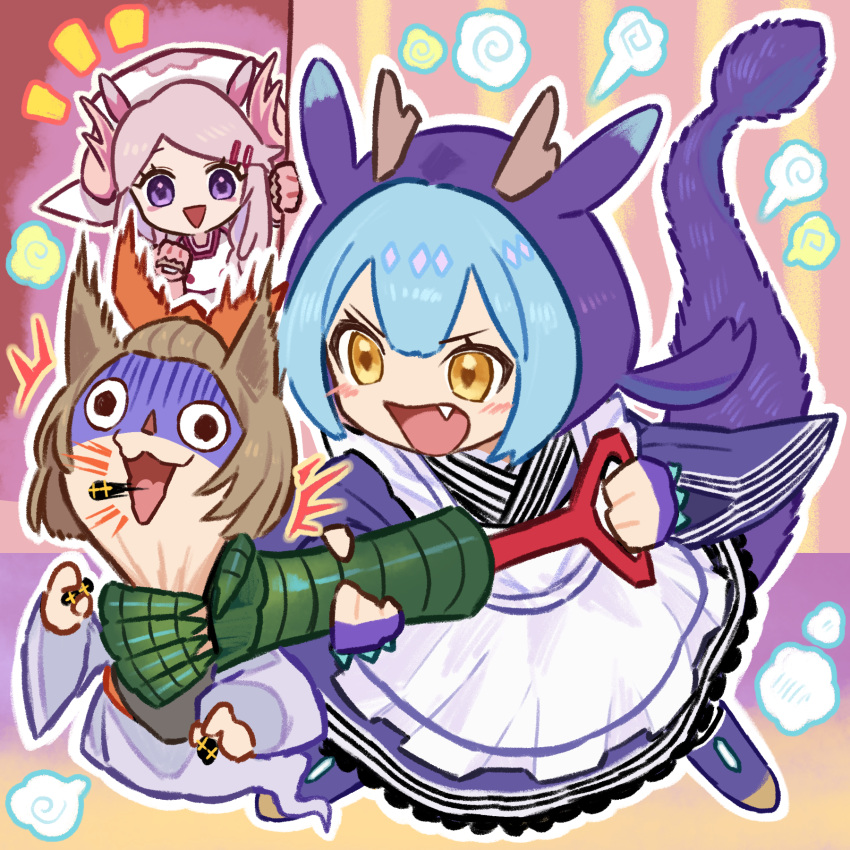3girls :d animal_ears apron ash_blossom_&amp;_joyous_spring bangs bangs_pinned_back blue_gloves blue_hair blue_kimono blush_stickers bow brown_hair called_by_the_grave chibi commentary dog_ears dragon_girl dragon_horns dragon_tail dress duel_monster fang full_body ghost ghost_tail gloves hair_between_eyes hair_bow hair_ornament hairclip hat highres holding horns hucydin japanese_clothes kimono laundry_dragonmaid long_hair long_sleeves maid maid_apron maxx_c multicolored_hair multiple_girls notice_lines nurse_cap nurse_dragonmaid objectification open_mouth parted_bangs pink_gloves pink_hair pink_horns shaded_face short_hair sidelocks smile standing strangling symbol-only_commentary tail violet_eyes wa_maid white_kimono yellow_eyes yu-gi-oh!