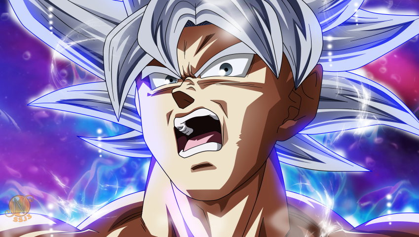 1boy absurdres angry aura dragon_ball dragon_ball_super grey_eyes grey_hair highres nourssj3 shida_naotoshi_(style) solo solo_focus son_goku ultra_instinct watermark