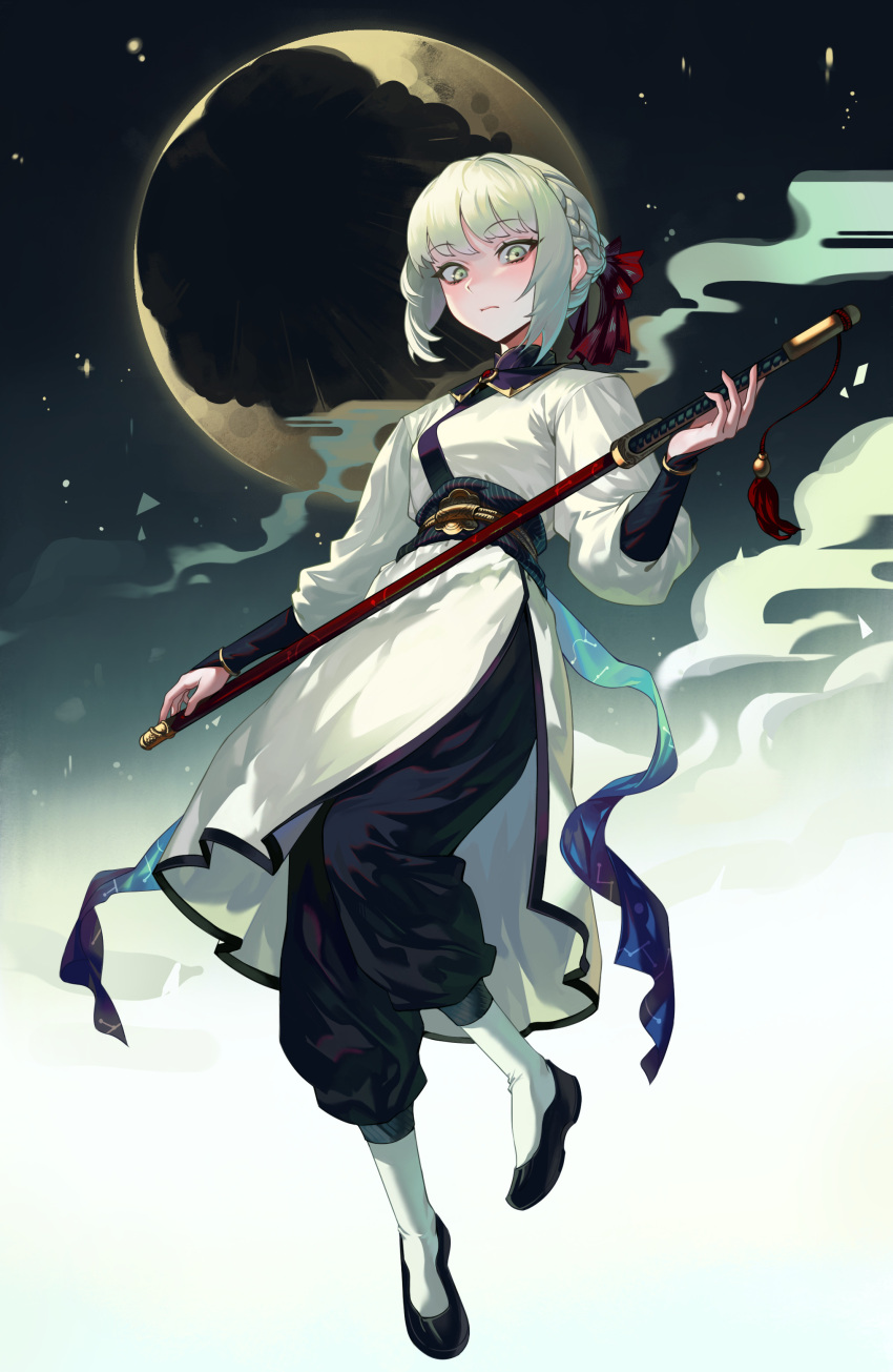 1girl absurdres braid chinese_clothes copyright_request english_commentary expressionless full_body gemi_ningen gradient gradient_background green_eyes hair_ribbon highres holding holding_weapon light_green_hair looking_at_viewer moon novel_illustration official_art original puffy_pants ribbon robe sheath sheathed short_hair solo sword weapon
