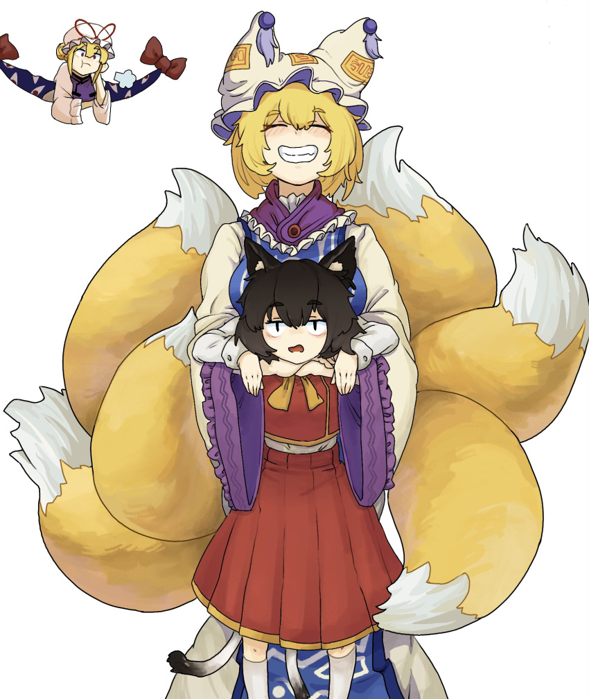 3girls :t =3 animal_ears bangs blonde_hair blush bow breasts cat_ears cat_tail chen closed_eyes dress feet_out_of_frame fox_ears fox_tail gap_(touhou) grin hair_between_eyes happy hat highres kneehighs large_breasts multiple_girls multiple_tails nekomata no_headwear onionmay perfect_cherry_blossom pillow_hat pout red_bow short_hair simple_background small_breasts smile socks tabard tail touhou two_tails white_background white_dress white_socks yakumo_ran yakumo_yukari