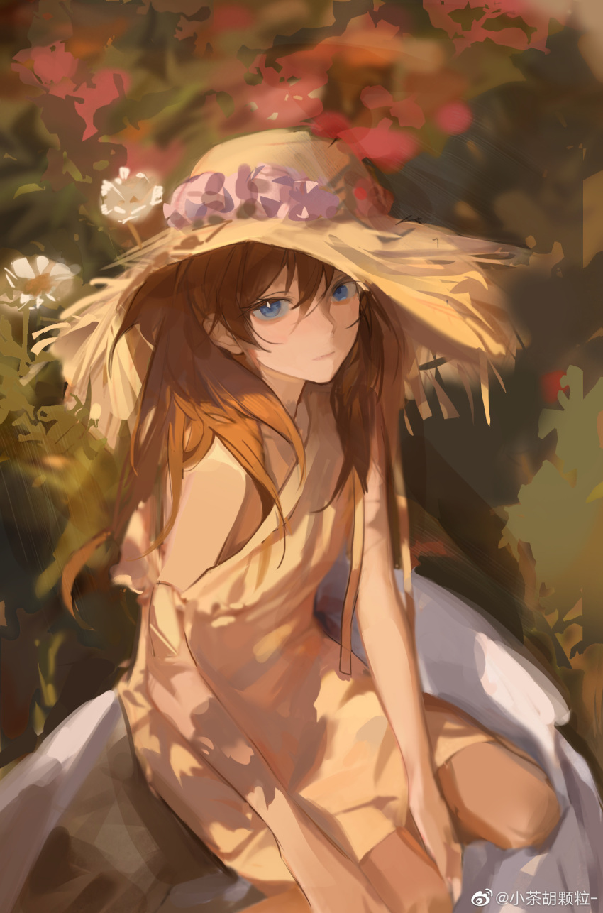 1girl bangs between_legs blue_eyes chinese_commentary collarbone commentary_request daisy day dress flower foot_out_of_frame from_above grass hair_between_eyes hand_between_legs hat hat_flower highres long_hair looking_at_viewer looking_up neon_genesis_evangelion off_shoulder on_grass orange_hair outdoors single_bare_shoulder sitting solo souryuu_asuka_langley straw_hat sun_hat sundress two_side_up wariza weibo_logo weibo_username white_flower yellow_dress yincha