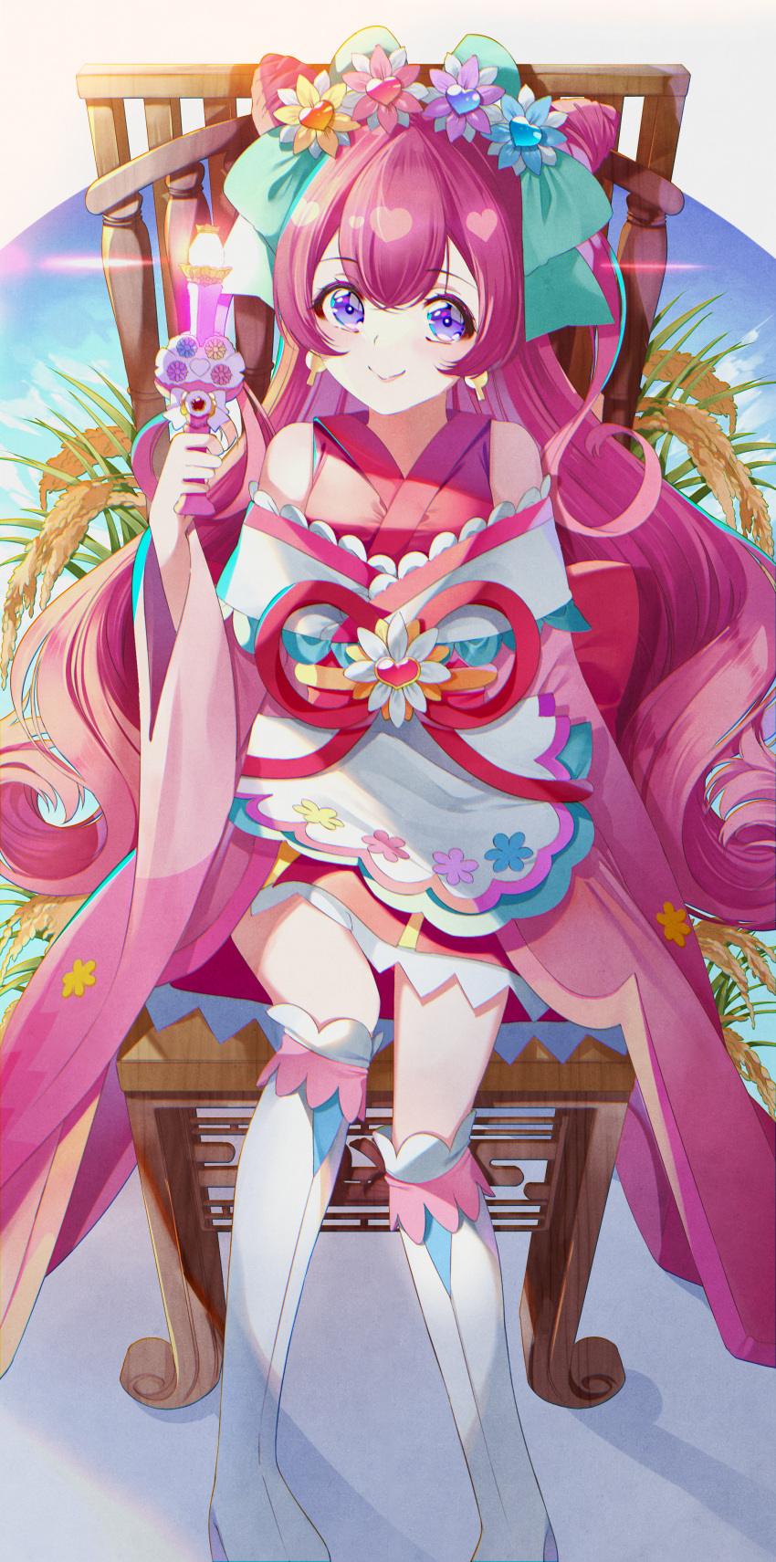 1girl absurdres bangs bow cone_hair_bun cure_precious cure_precious_(party_up_style) delicious_party_precure earrings hair_bow hair_bun highres japanese_clothes jewelry kimono legs long_hair nagomi_yui pink_hair precure short_kimono sitting smile solo two_side_up violet_eyes yuutarou_(fukiiincho)