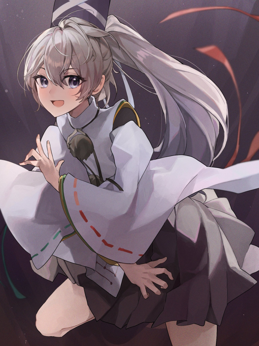 1girl :d bangs blue_eyes full_body grey_background grey_hair grey_skirt hat highres japanese_clothes kariginu long_hair long_sleeves looking_at_viewer mononobe_no_futo pleated_skirt pom_pom_(clothes) ponytail rainbow_gradient ribbon-trimmed_sleeves ribbon_trim skirt smile solo tate_eboshi touhou zurui_ninjin