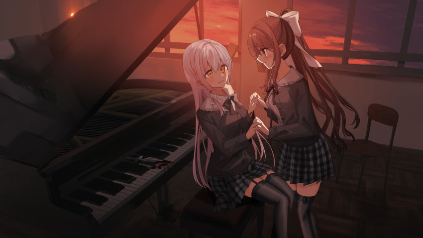 2girls bangs black_bow black_jacket black_ribbon black_thighhighs blood blush bow braid breasts brown_eyes brown_hair chair character_request chihuri clouds collared_shirt commentary_request crying crying_with_eyes_open eye_contact feet_out_of_frame garter_straps grey_hair grey_skirt hair_between_eyes hair_bow highres holding_hands indoors instrument interlocked_fingers jacket knife long_hair long_sleeves looking_at_another medium_breasts multiple_girls neck_ribbon open_clothes open_jacket parted_lips piano piano_bench plaid plaid_skirt pleated_skirt ponytail red_sky ribbon school_uniform shirt single_braid sitting skirt sky sunset tears thigh-highs very_long_hair vocaloid white_bow white_shirt window wooden_floor yellow_eyes yuri