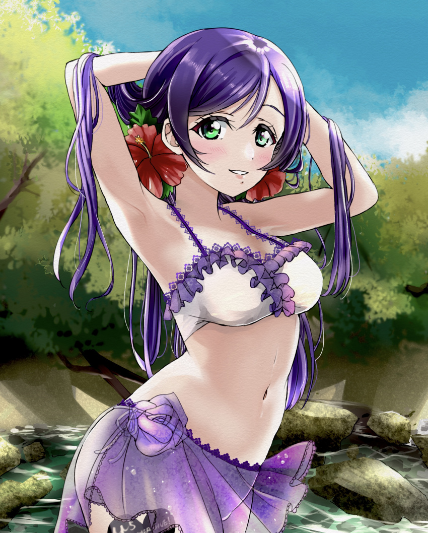 absurdres aqua_eyes bangs bikini breasts flower frilled_bikini frilled_swimsuit frills hair_flower hair_ornament hibiscus highres holding holding_hair large_breasts long_hair love_live! love_live!_school_idol_project low_twintails parted_bangs purple_hair shoc0s swept_bangs swimsuit toujou_nozomi twintails white_bikini