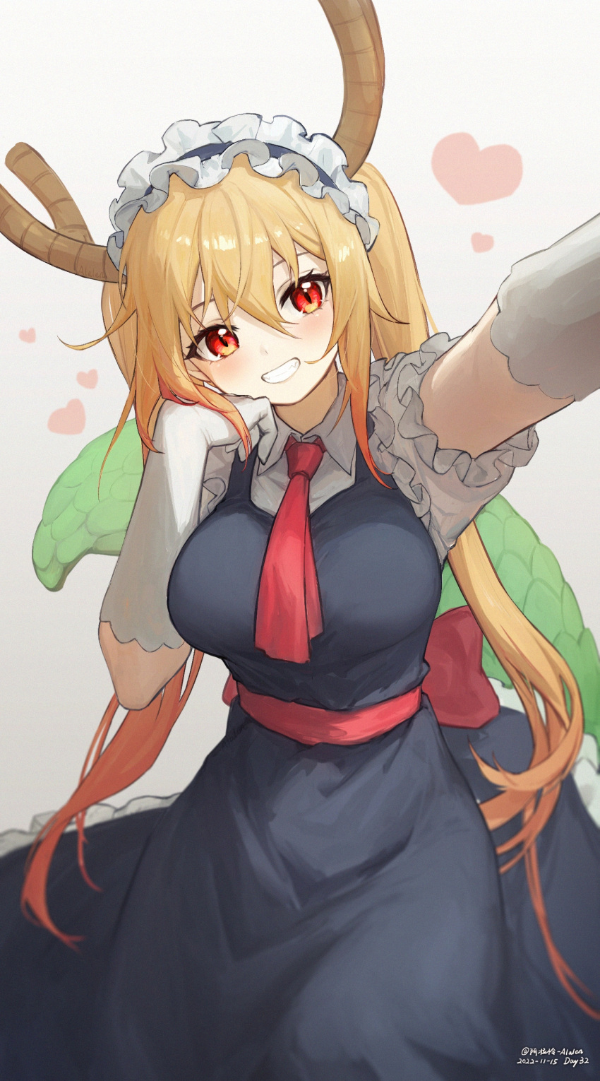 1girl absurdres alalen apron artist_name back_bow bangs blonde_hair blue_apron bow collared_shirt cowboy_shot dated dragon_girl dragon_tail elbow_gloves frilled_sleeves frills from_above gloves gradient_hair grin hair_between_eyes hand_on_own_cheek hand_on_own_face heart highres horns kobayashi-san_chi_no_maidragon long_hair looking_at_viewer maid_headdress multicolored_hair necktie orange_hair outstretched_arm reaching_towards_viewer red_eyes red_necktie selfie shirt short_sleeves signature simple_background slit_pupils smile solo tail tohru_(maidragon) twintails two-tone_hair white_background white_gloves white_shirt