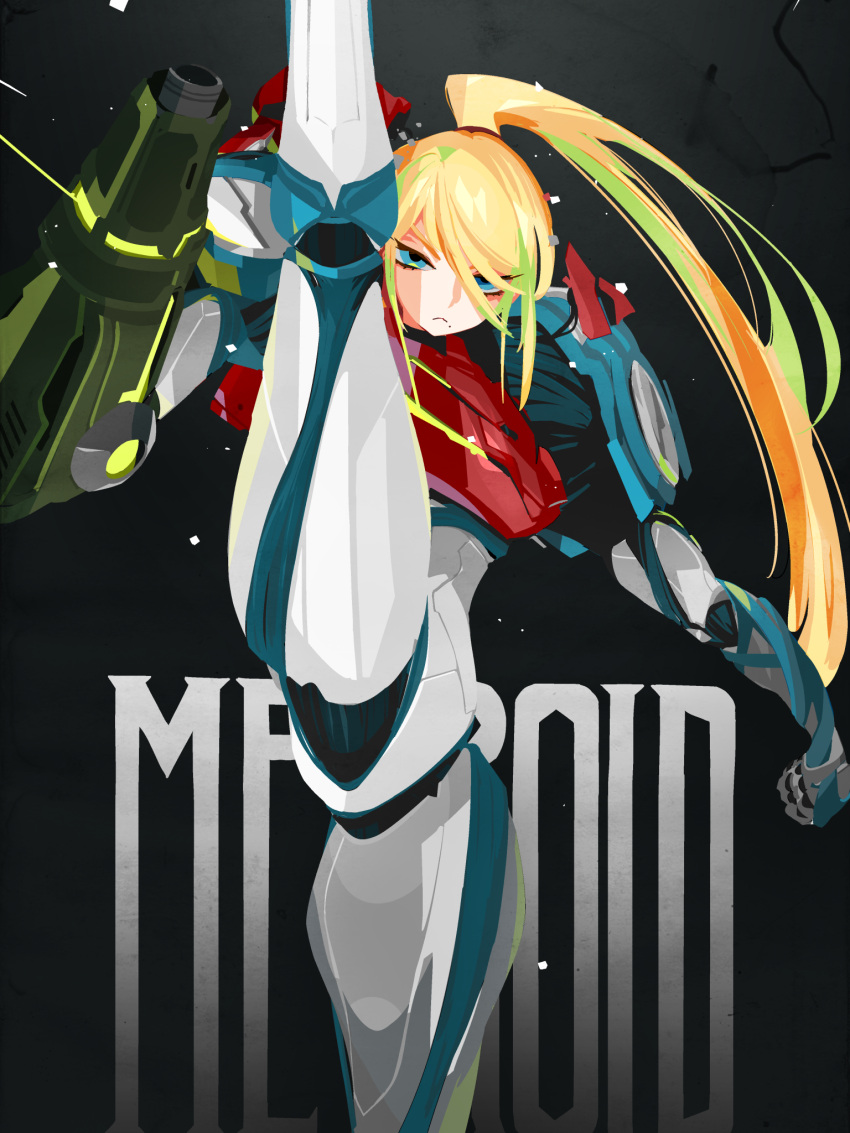 1girl arm_cannon armor blue_eyes closed_mouth copyright_name highres kuroi_moyamoya looking_at_viewer metroid mole mole_under_mouth pauldrons ponytail power_suit_(metroid) samus_aran shoulder_armor solo split standing standing_on_one_leg standing_split weapon