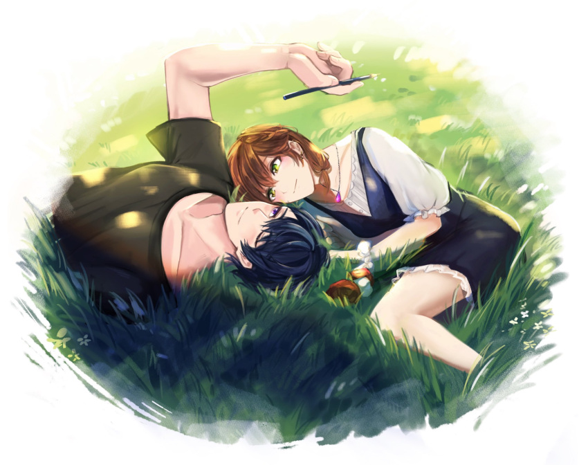 1boy 1girl :d black_dress black_shirt brown_hair dress grass green_eyes grin highres holding holding_pencil jewelry lying marius_von_hagen_(tears_of_themis) necklace on_back on_side one_eye_closed pencil pinafore_dress purple_hair remosea rosa_(tears_of_themis) shirt short_sleeves smile tears_of_themis teeth violet_eyes white_background white_shirt