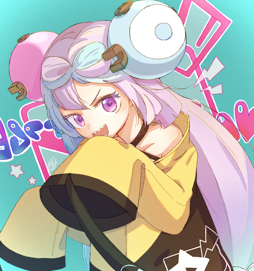 1girl bow-shaped_hair character_hair_ornament hair_ornament hexagon_print highres iono_(pokemon) jacket long_hair low-tied_long_hair multicolored_hair oversized_clothes pink_eyes pink_hair pokemon pokemon_(game) pokemon_sv risui_ao sharp_teeth shirt sleeveless sleeveless_shirt sleeves_past_fingers sleeves_past_wrists solo teeth twintails two-tone_hair very_long_hair very_long_sleeves x yellow_jacket
