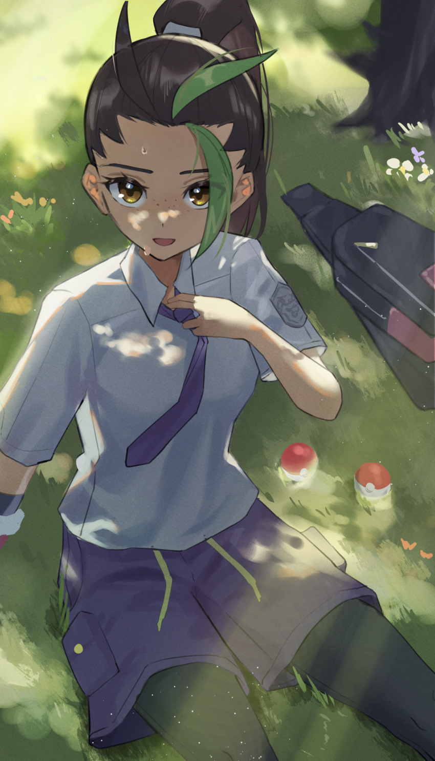 1girl 3xens adjusting_clothes adjusting_necktie bag_removed bangs black_bag black_hair black_pantyhose brown_eyes commentary_request day eyelashes freckles grass green_hair hand_up highres multicolored_hair necktie nemona_(pokemon) open_mouth outdoors pantyhose poke_ball poke_ball_(basic) pokemon pokemon_(game) pokemon_sv ponytail purple_necktie purple_shorts shirt short_sleeves shorts sitting smile solo sweat tree two-tone_hair