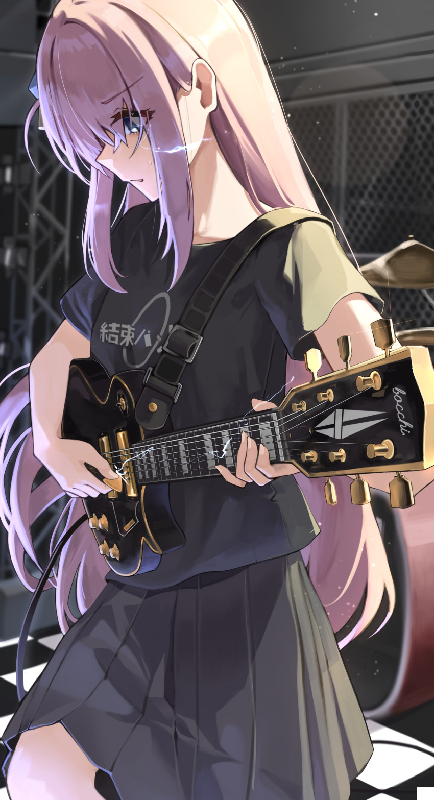 1girl absurdres bangs black_shirt black_skirt blue_eyes blurry blurry_background bocchi_the_rock! closed_mouth clothes_writing commentary gotou_hitori guitar highres holding holding_instrument instrument long_hair music pink_hair playing_instrument pomp_(qhtjd0120) shirt short_sleeves sidelocks skirt solo standing symbol-only_commentary
