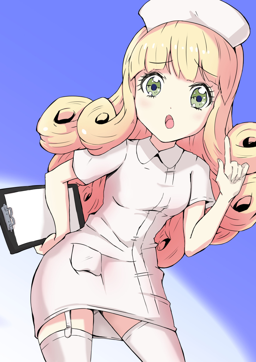 1girl absurdres ago_ch2016 blonde_hair blush breasts garter_straps green_eyes hat highres index_finger_raised jashin-chan_dropkick long_hair looking_at_viewer notepad nurse nurse_cap open_mouth poporon_(jashin-chan_dropkick) shiny shiny_hair short_sleeves small_breasts solo thigh-highs white_thighhighs