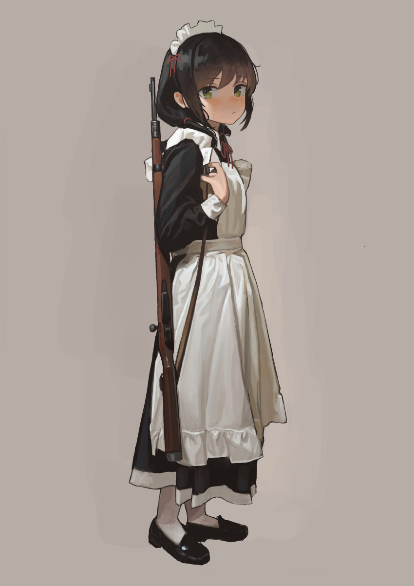 1girl absurdres adjusting_strap apron bangs black_dress black_footwear black_hair closed_mouth dress frilled_apron frilled_hairband frills from_side full_body garoppui grey_background gun hairband hand_up highres light_frown loafers long_dress long_hair long_sleeves looking_at_viewer looking_to_the_side low_twintails maid maid_apron maid_headdress neck_ribbon original pantyhose puffy_long_sleeves puffy_sleeves raised_eyebrow red_ribbon ribbon shoes simple_background sleeve_cuffs sling solo standing twintails weapon weapon_request white_apron white_hairband white_pantyhose yellow_eyes