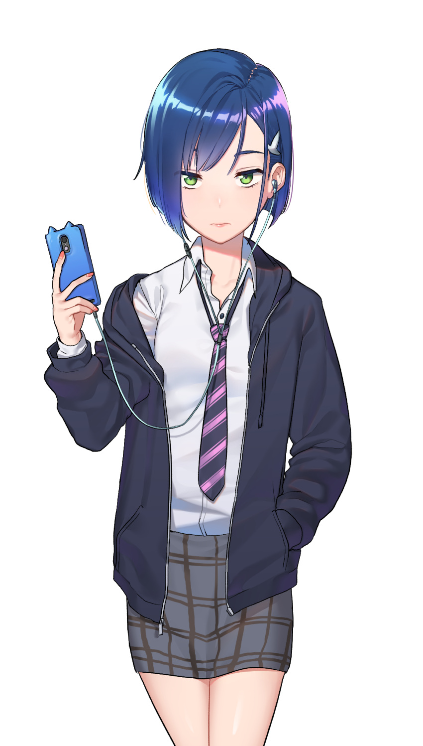 1girl :| bangs black_hoodie black_necktie blue_hair bob_cut breasts cellphone closed_mouth collarbone commentary cowboy_shot darling_in_the_franxx diagonal-striped_necktie diagonal_stripes drawstring dress_shirt earphones earphones expressionless green_eyes grey_skirt hair_ornament hairclip highres holding holding_phone hood hood_down hoodie ichigo_(darling_in_the_franxx) kam-ja lips nail_polish necktie off_shoulder open_clothes open_hoodie pencil_skirt phone pink_lips plaid plaid_skirt purple_necktie red_nails school_uniform shirt short_hair skirt small_breasts smartphone smartphone_case solo standing striped swept_bangs upturned_eyes white_shirt
