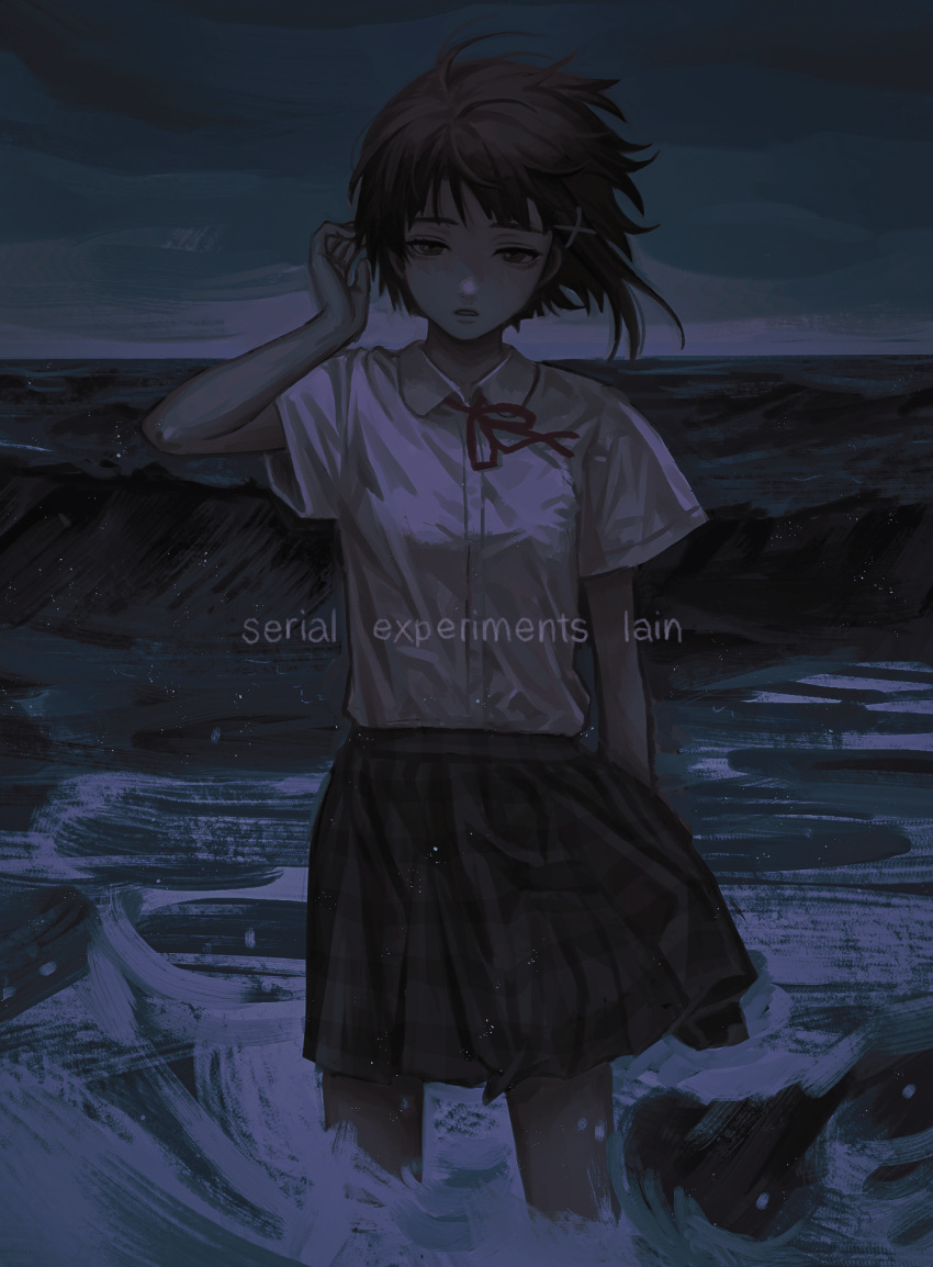 1girl arm_behind_back asymmetrical_hair bangs breasts brown_eyes brown_hair brown_skirt ccakira000 collared_shirt commentary copyright_name dark feet_out_of_frame hair_ornament hand_up highres iwakura_lain looking_at_viewer neck_ribbon night ocean outdoors parted_lips plaid plaid_skirt pleated_skirt red_ribbon ribbon school_uniform serial_experiments_lain shirt shirt_tucked_in short_hair short_sleeves skirt small_breasts solo standing wading water waves white_shirt wind x_hair_ornament