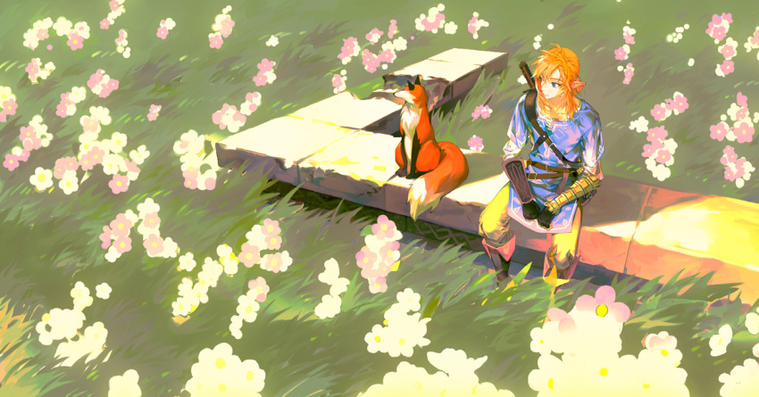 1boy arm_guards blonde_hair blue_eyes blue_tunic boots field fingerless_gloves flower flower_field fox full_body gloves grass grey_pants hair_between_eyes link looking_to_the_side male_focus medium_hair nature outdoors pants pointy_ears shirt sitting starstruckdon sword the_legend_of_zelda the_legend_of_zelda:_breath_of_the_wild weapon weapon_on_back white_shirt
