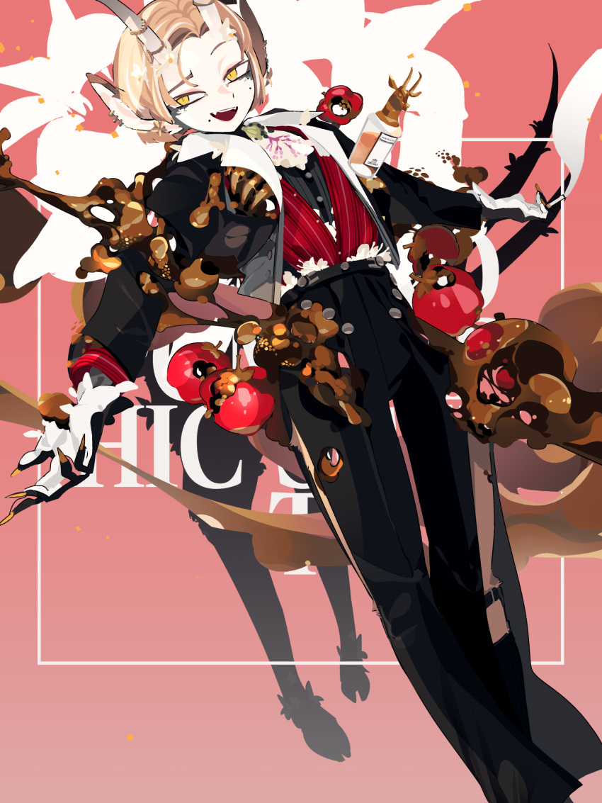 1other :d androgynous animal_ears black_jacket black_pants brown_hair colored_skin earrings fang fingernails highres horns jacket jewelry kuroi_moyamoya long_fingernails mole mole_under_eye mole_under_mouth nail_polish open_clothes open_jacket pants sharp_fingernails short_hair skin_fang smile solo standing vest white_skin yellow_eyes yellow_nails