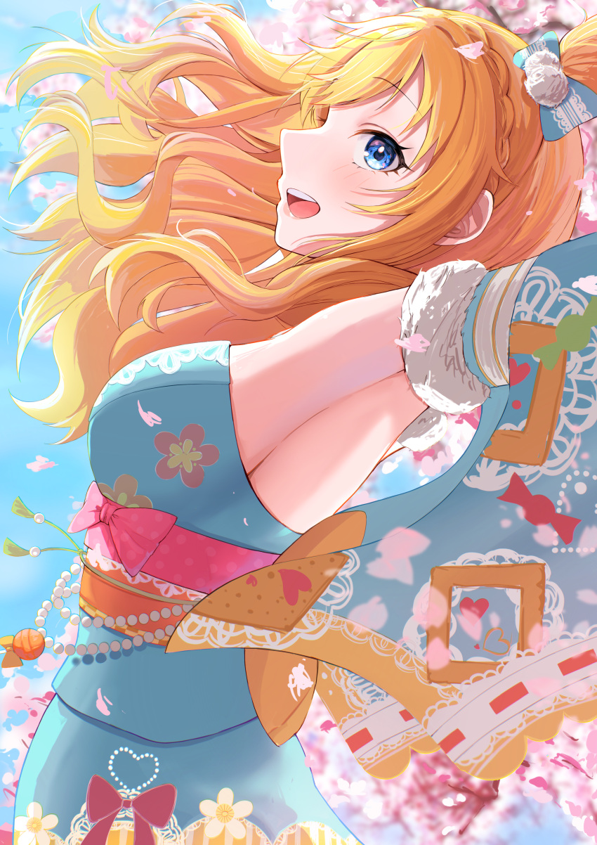 1girl absurdres armpits ban_(puka_0507) blonde_hair blue_eyes blue_sky blush braid breasts cherry_blossoms commentary_request commission cowboy_shot crown_braid detached_sleeves from_side highres idolmaster idolmaster_cinderella_girls idolmaster_cinderella_girls_starlight_stage long_hair looking_at_viewer medium_breasts obi ohtsuki_yui petals sash sky smile solo